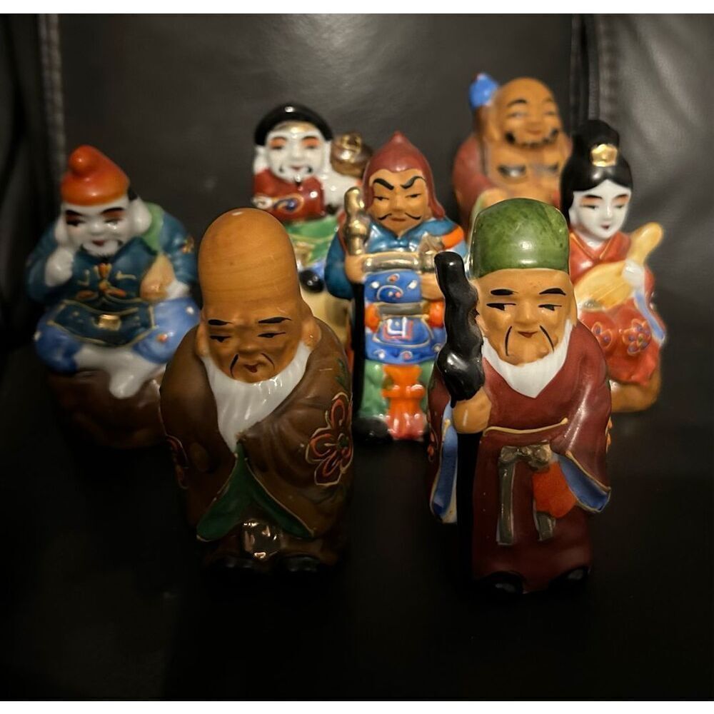 Vintage rare occupied Japan figurines. Happy 7 Gods. 3.5 inches tall Complete (8